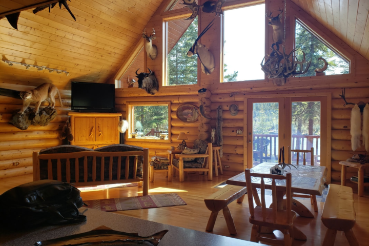 a view of a living room filled with furniture and a fireplace