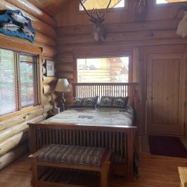 a room with a wooden table