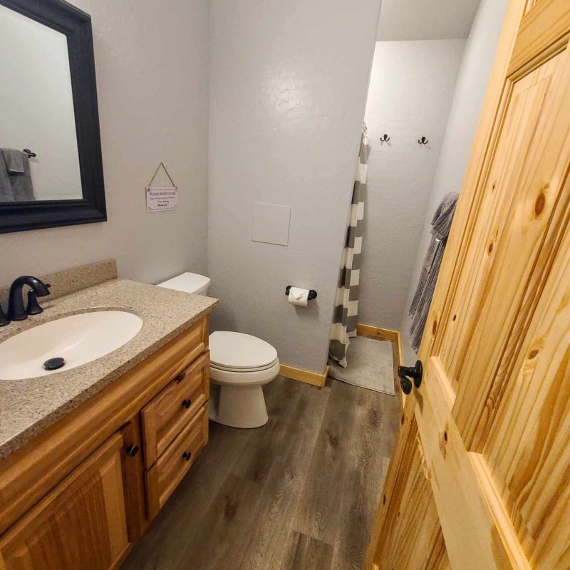 Bathroom with wooden vanity, toilet, and shower with striped curtain.