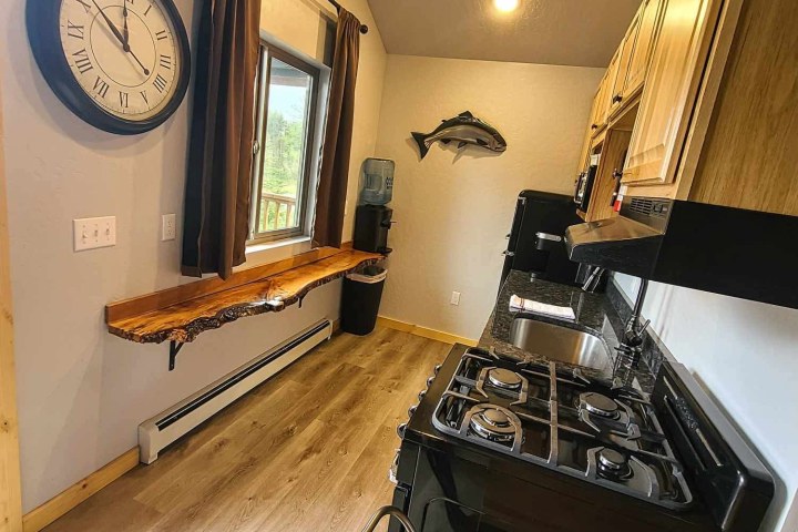 Narrow kitchen with wooden details, wall clock, stove, sink, window, and mounted fish.