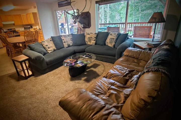 Cozy living room with sofas, glass table, deer head, large window view, and open kitchen area.